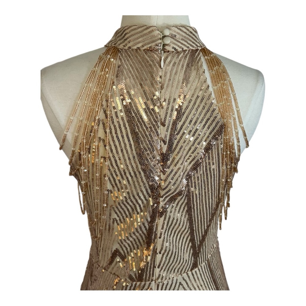 Sleeveless Beads SparklChain Cocktail Dress Sequin Halter Gown Rose Gold Size L - Picture 5 of 9